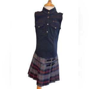 Gucci Navy and Plaid Sleeveless Dress